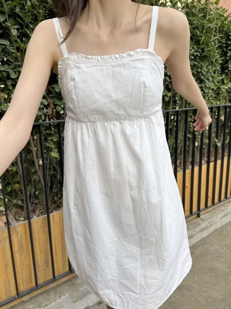 Casual Women Soft Cotton White Lace Edge Sling Dress 2023 Summer Vintage Sleeveless Solid Color Female Bottoms Chic