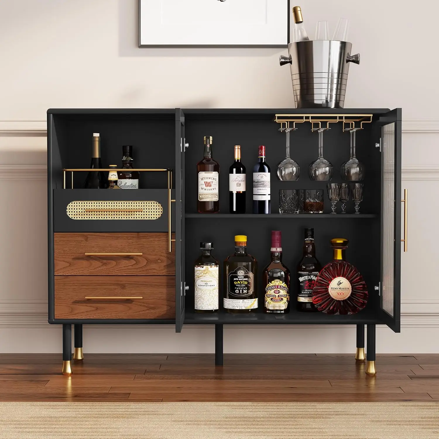 

48" Coffee Bar Cabinet with Wine Racks and Drawers, Modern Buffet Sideboard with Pull-Out Wine Storage, Liquor Bar Cart for Kitc