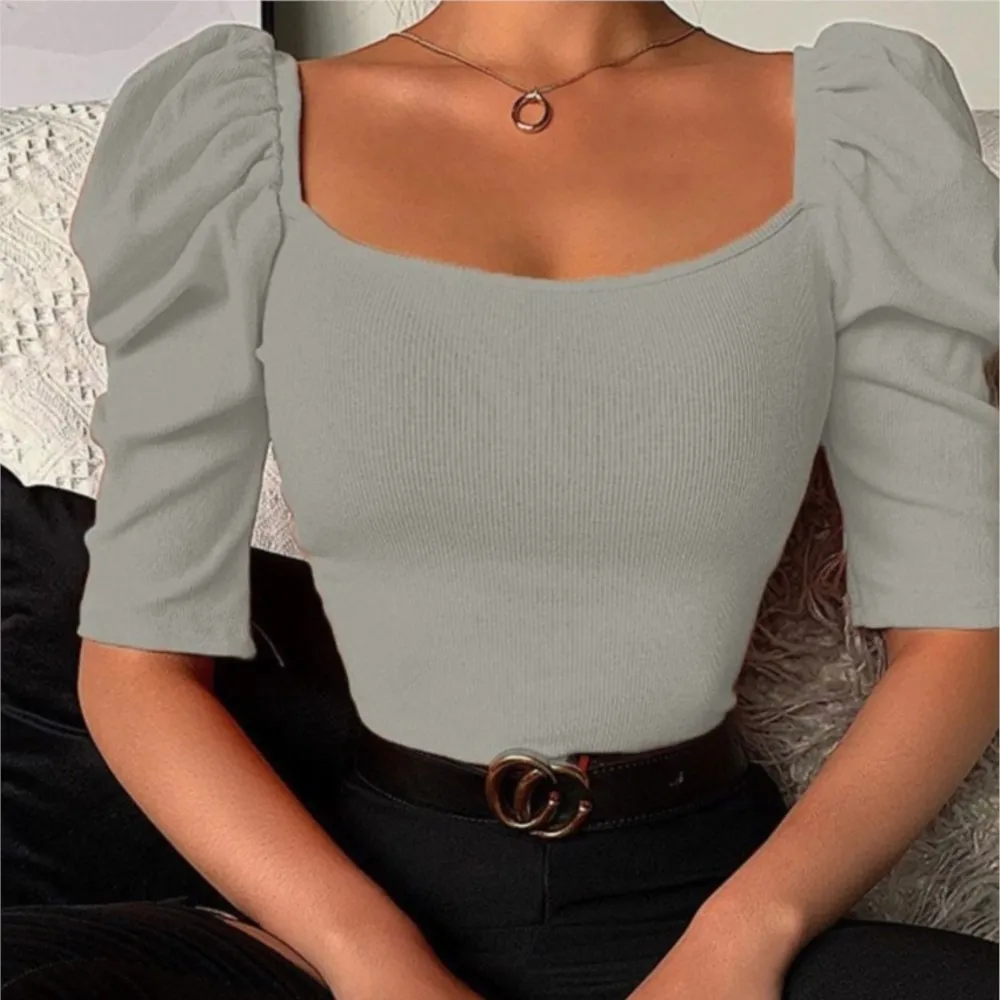 Women's Spring Summer New Collection Solid Color Fashion Simple Square Neck Bubble Sleeve Casual Short Sleeve Top