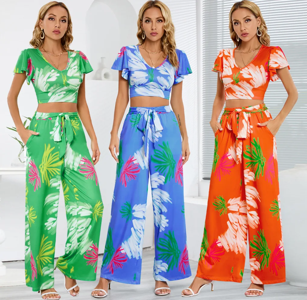 

Boho 2023 Summer Women's Wide Leg Pantsuit Slim resort-casual style culottes two-piece suit