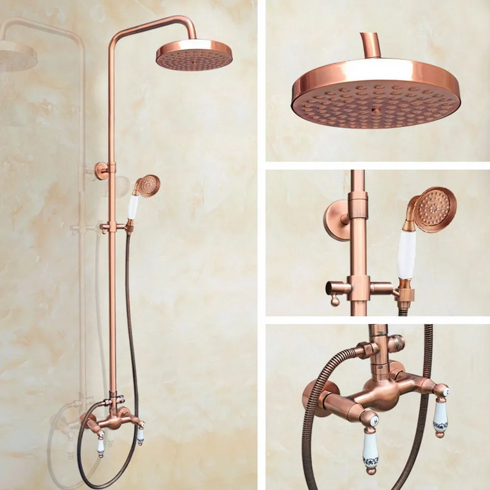 

Antique Red Copper Wall Mount Shower Set Faucet Double Handle with Handshower Bathroom Shower Mixer Tap Brg555