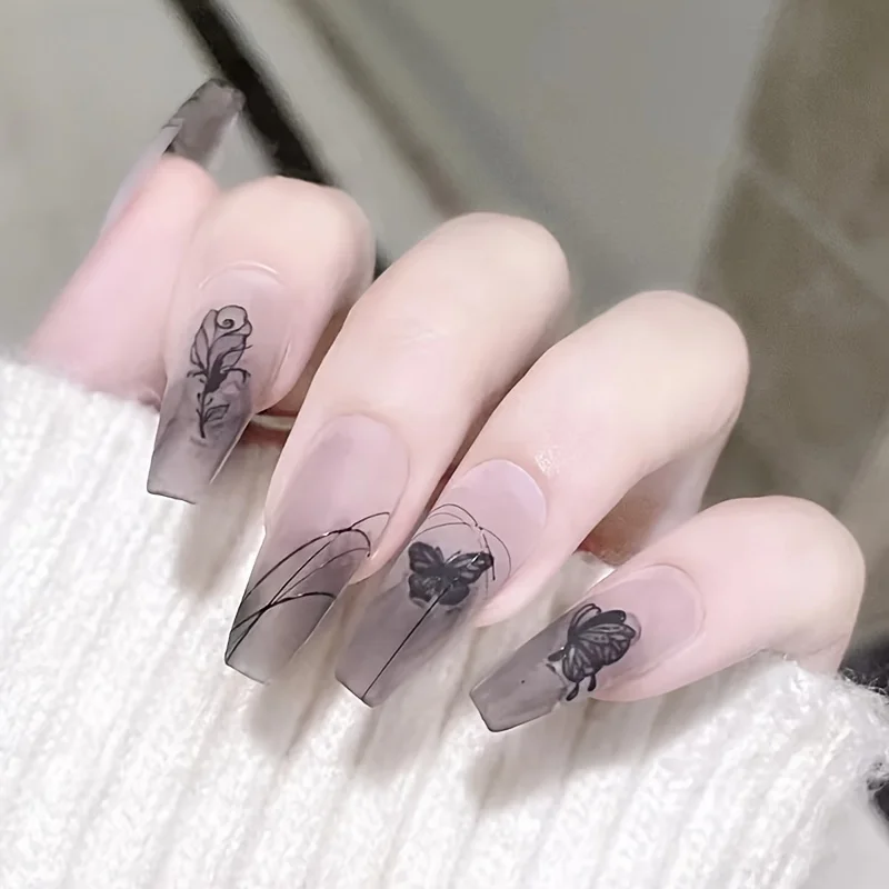 

24pcs Matte Long Ballet Fake Nails, Black Gradient Press On Nails With , Rose Flower Design, Vintage And Elegant False Nails For