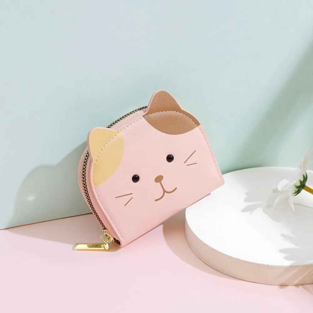 Portable Cartoon Cat Pattern Wallet PU Leather Zipper Short Coin Purse Card Bag Korean Style Small Card Holder Women