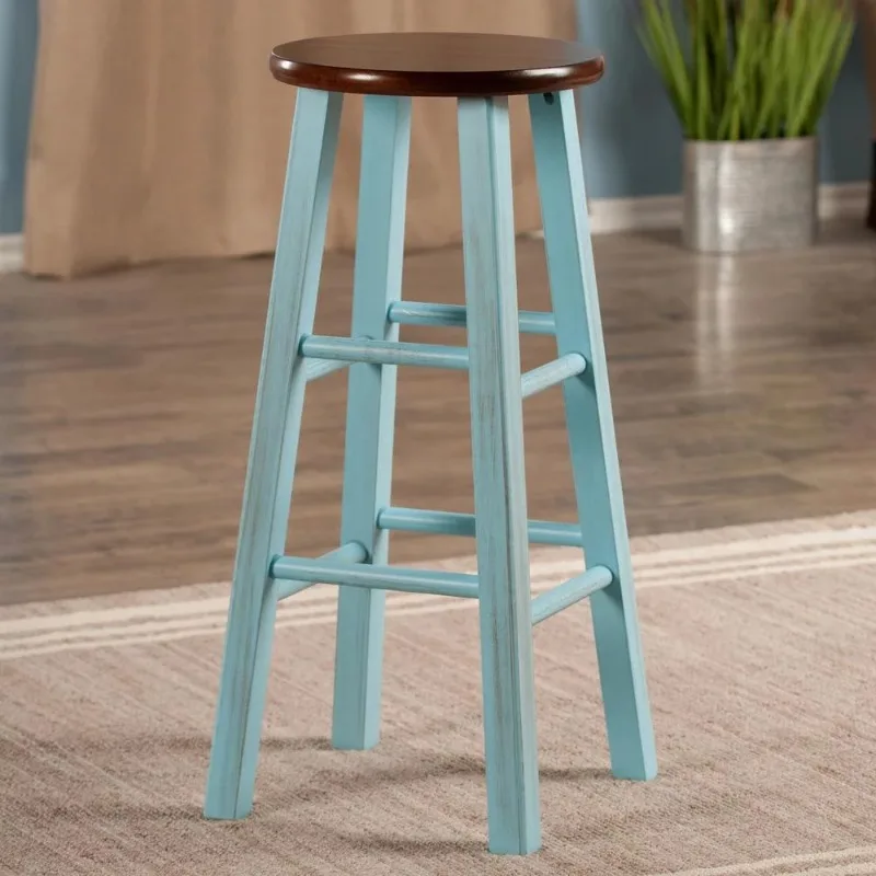 Wood Ivy 29" Bar Stool, Rustic Light Blue & Walnut Finish