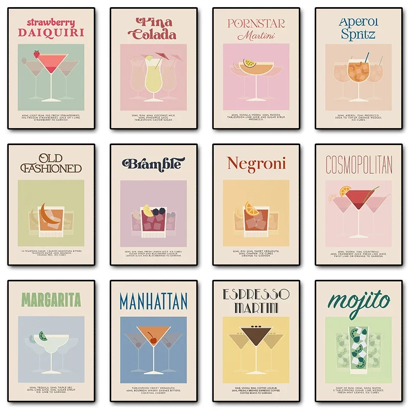 Multiple sizes 1pc frameless Canvas Painting,Retro Cocktail Alcohol Drink Poster Aperol Spritz Espresso Martini Canvas Printing