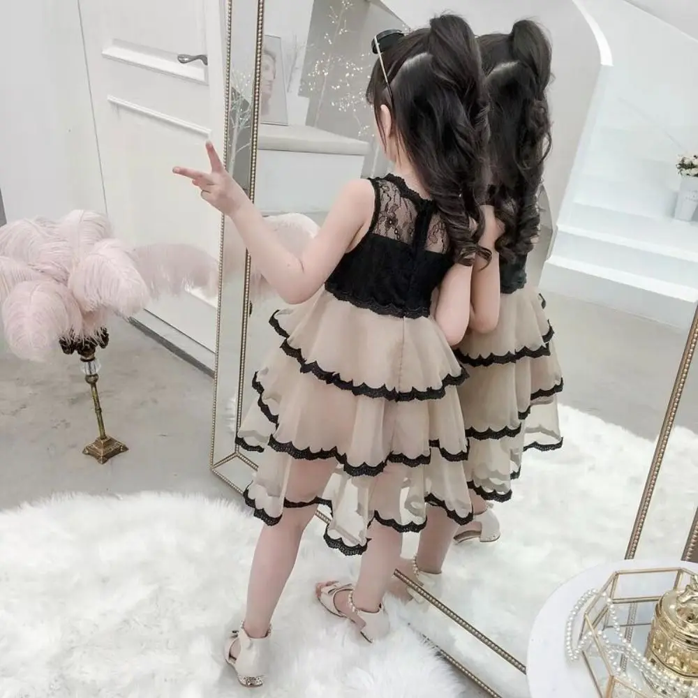 Elegant Sleeveless Girls Princess Dress Teens Party Summer Lace Dress Beach Vacation Sweet Children Mesh Dress Holiday