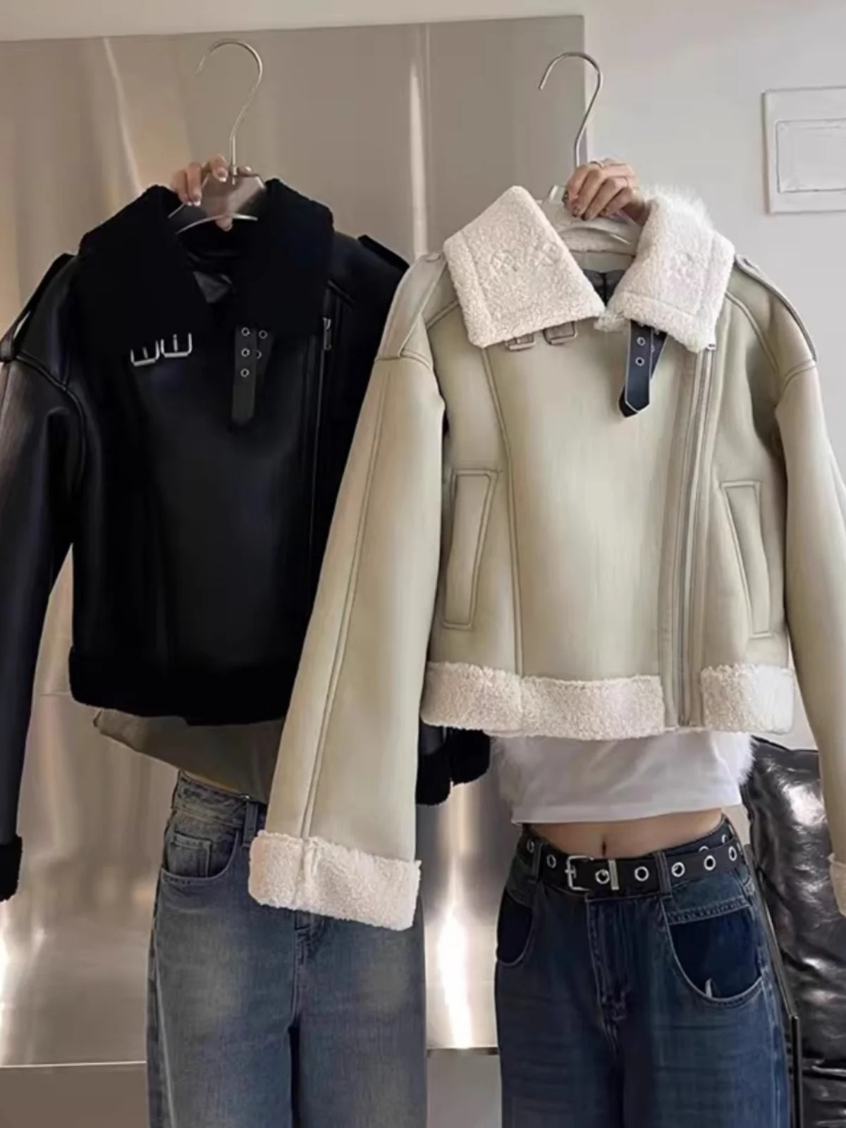 Winter Thiened ort Fur Leather Jaet Women's Korean Sle Retro Lamb Fur Lined Biker Coat Trendy Outerwear