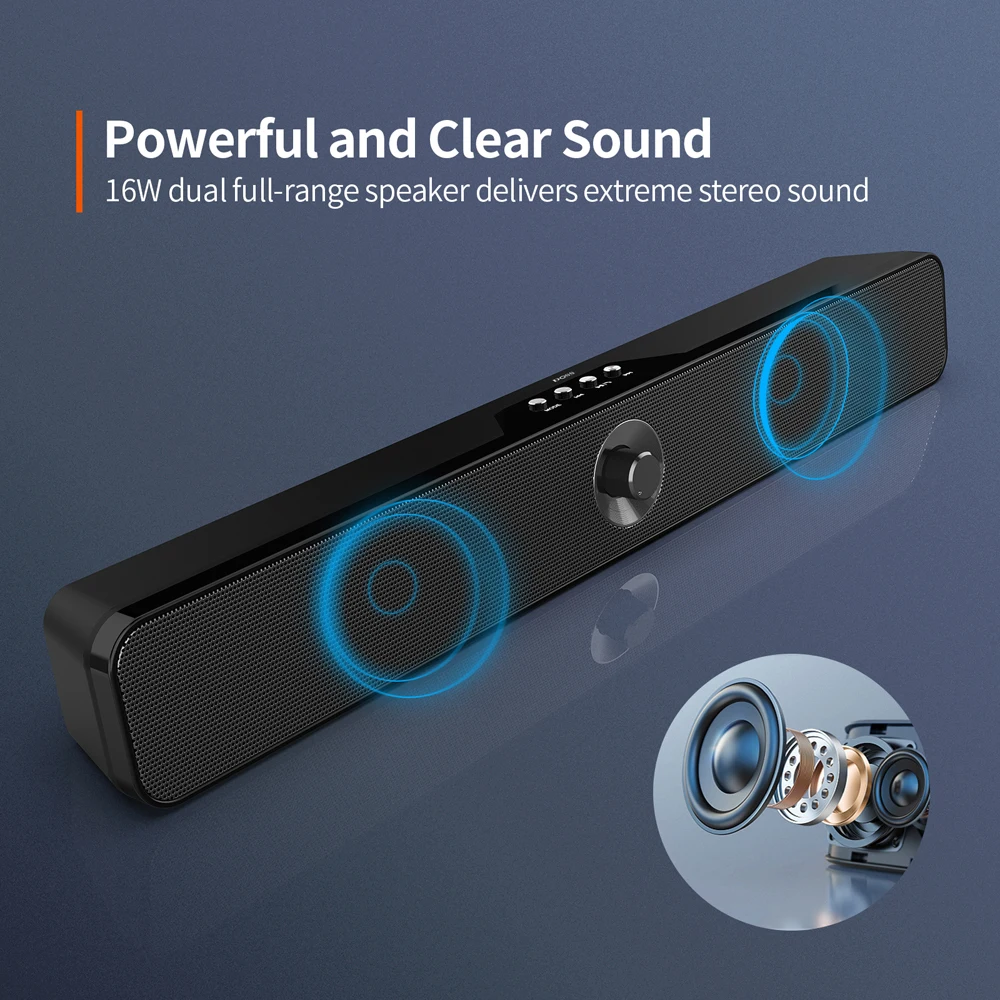 DOSS Computer Sound Bar Speaker Bluetooth 5.0 Powerful 16W HD Stereo and Subwoofer Sound Box Desk SoundBar Wireless Speakers