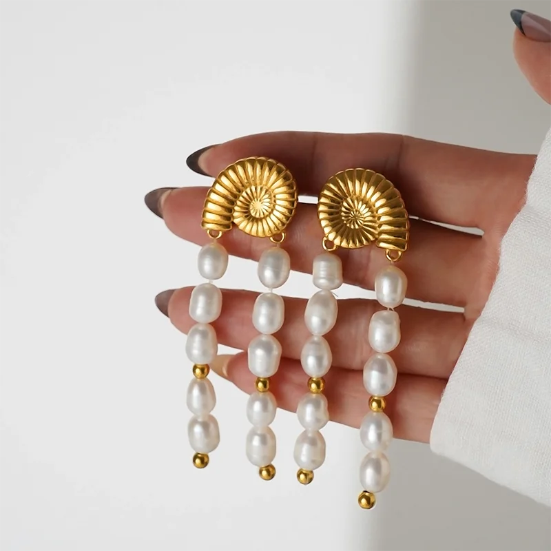

Sea snail pearl dangle earrings stainless steel statement earrings for women vintage elegant stainless steel jewelry party jewel