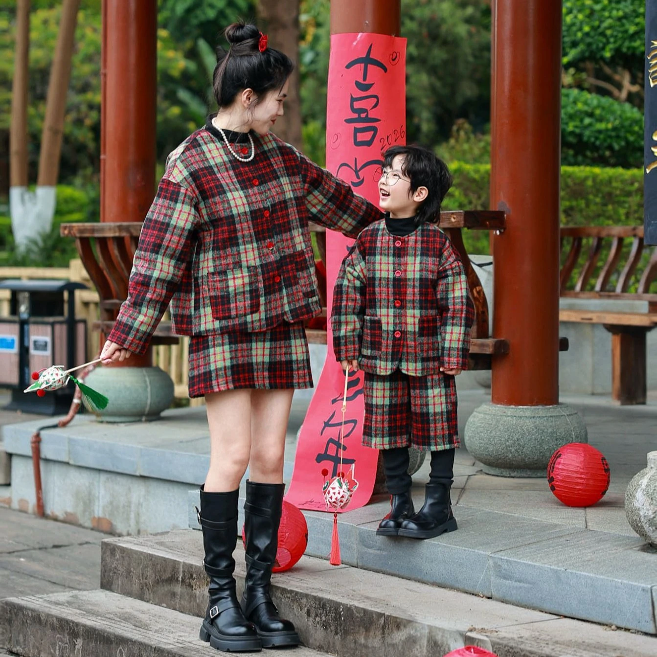 New Year 2026 Mother Child Matching Set Plaid Outfit for Mom Coat Skirt Kids Shorts Two Piece Suit Family Matching Clothes