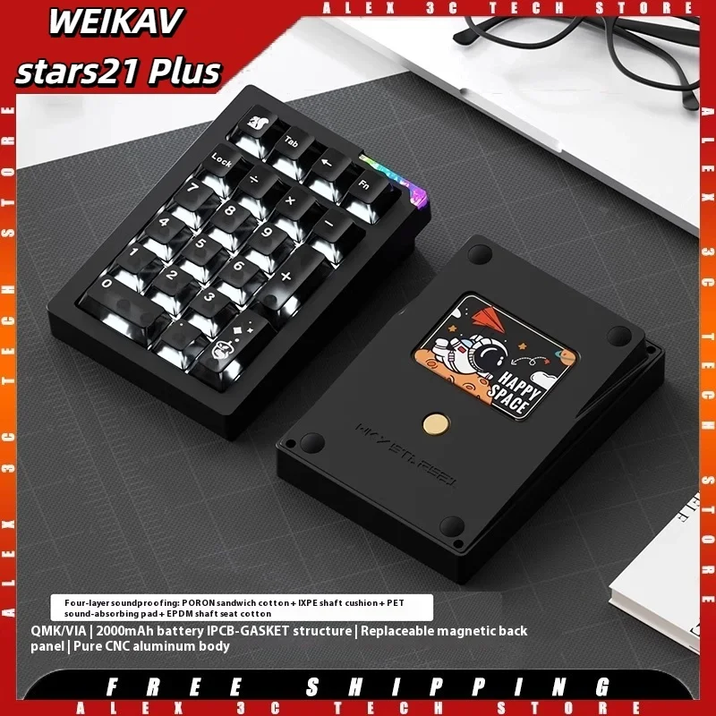 

WEIKAV stars21 Plus Беспроводная цифровая клавиатура из алюминиевого сплава, индивидуальная горячая замена ARGB, 2000 мАч, механическая клавиатура для ПК