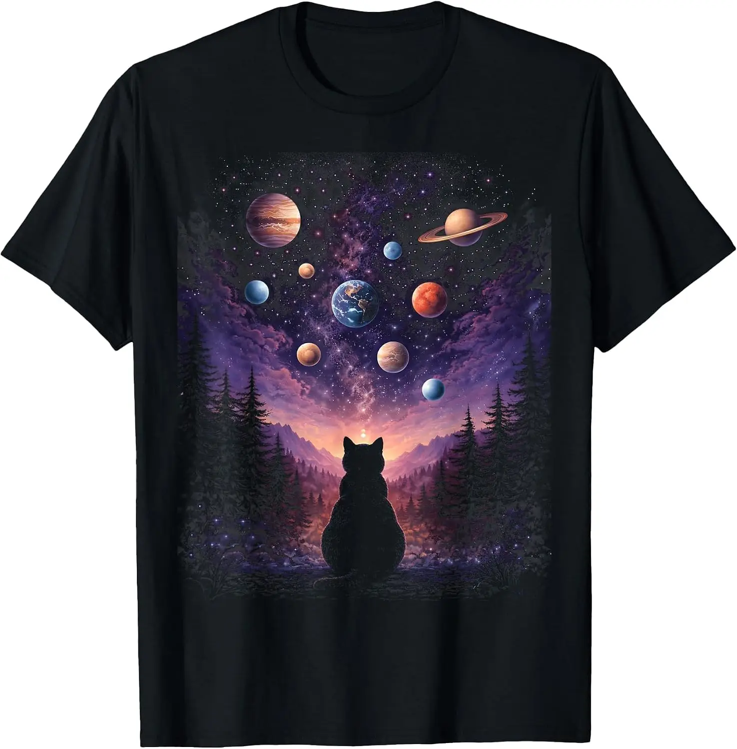 Cat Watching Planets In Space Galaxy Stars Astronomy T-Shirt Men Casual Graphic Print T‑Shirt Crew Neck Short Sleeve Vintage Street Style Soft Fabric Daily Wear Tops. Holiday Festive, Party Wear, Theme Print Tee.