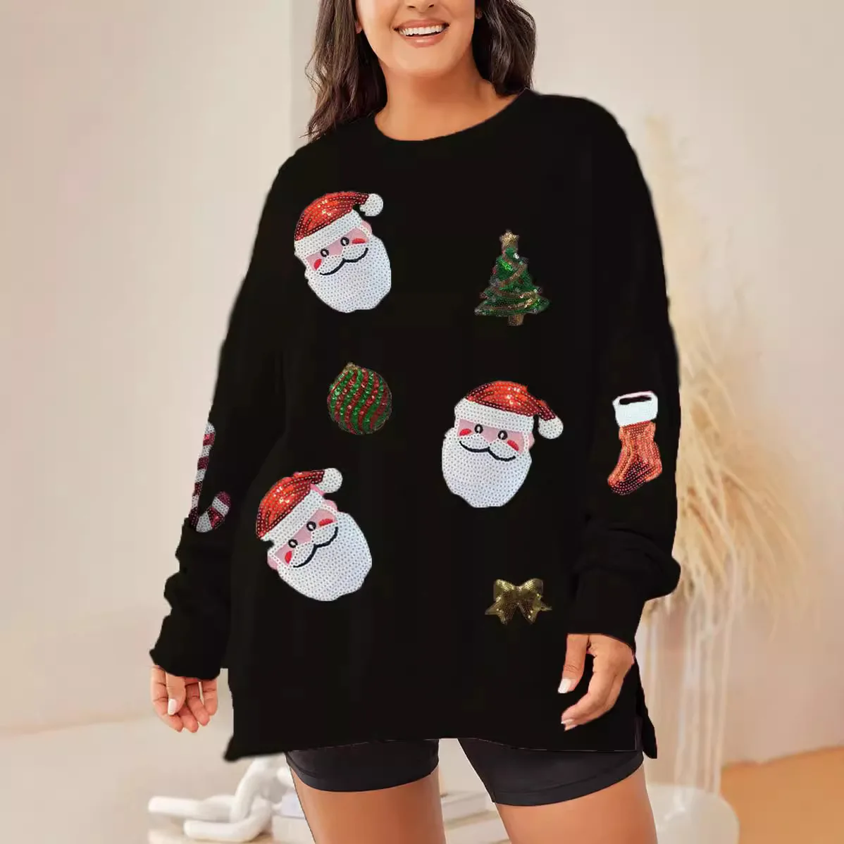 New Women's Patchwork Pullovers O-Neck Printed Fashion Elegant Christmas Sequin Loose Minimalist Casual Long Sleeved Sweatshirt