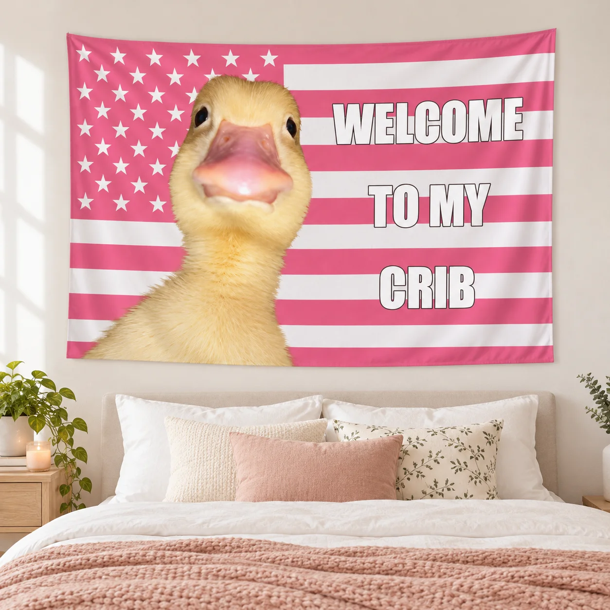 Pink American Flag Banner Welcome to My Home, Humorous Fabric Poster Wall Hanging, Indoor Outdoor Decor for Dorm, Garden Yard