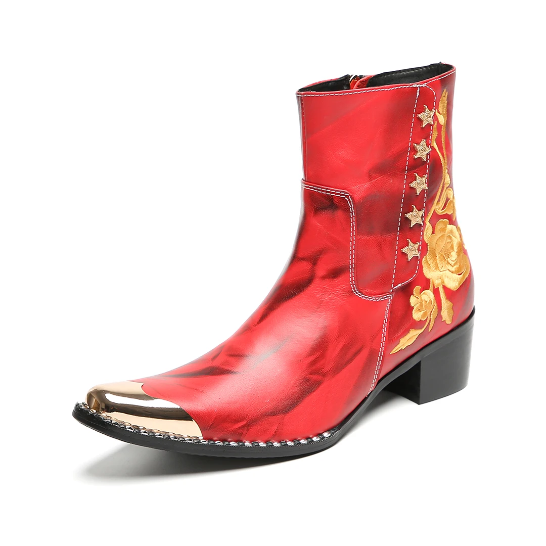 Men's Mid-Heel Boots: Red Embroidered Ankle Boots for Business Suits Metal-Toe High-Top Riding Cowboy Boots (Sizes 37-47)