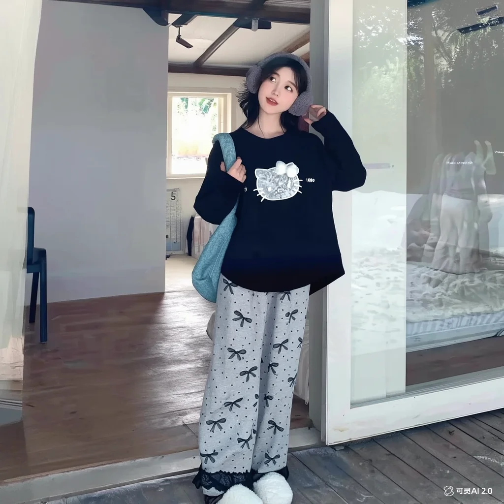 

Hello Kitty Lace Lace Kawaii Pajamas Set Long Sleeves Bow Korean Version Round Collar Cartoon Leisure Fresh Sweet Cute Girl New