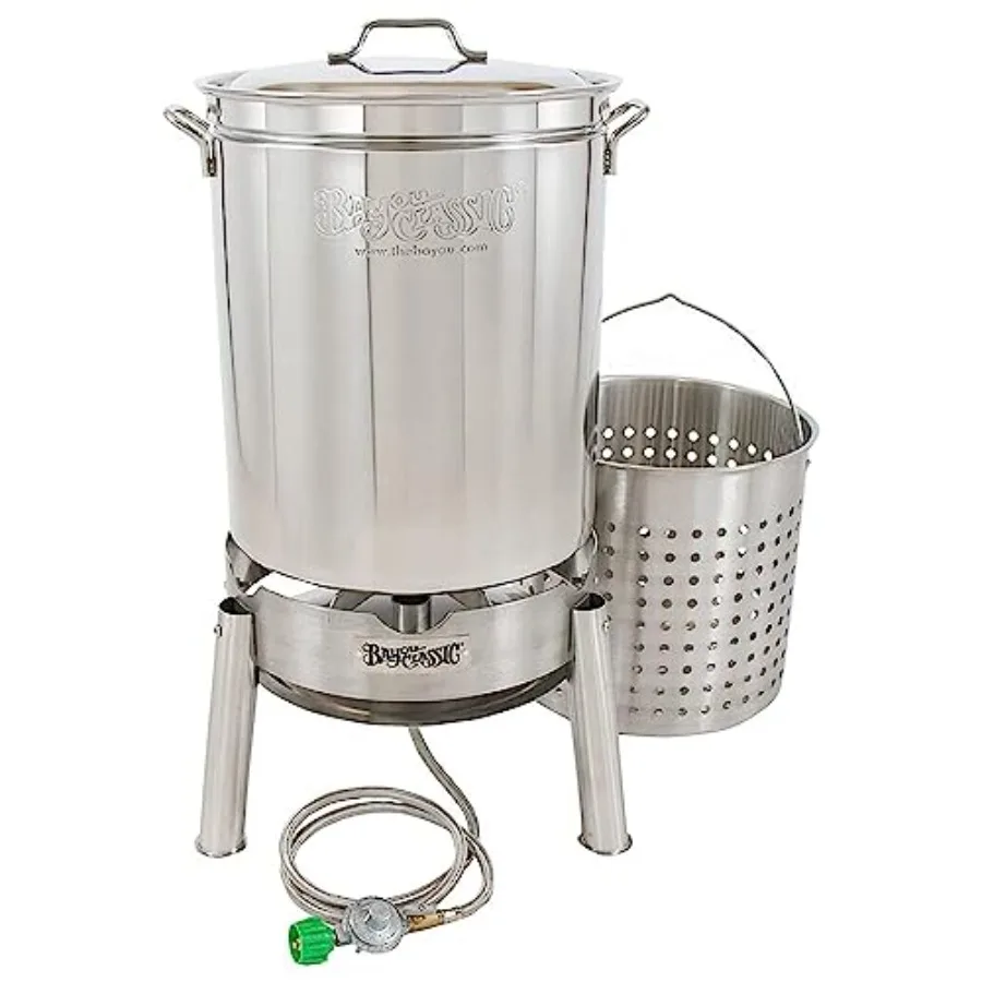 

62 Quart Stainless Steel Boil and Steam Cooker Kit with Lid Basket Single Jet 10 PSI Regulator 60 Inch Hose Silver - Ideal for