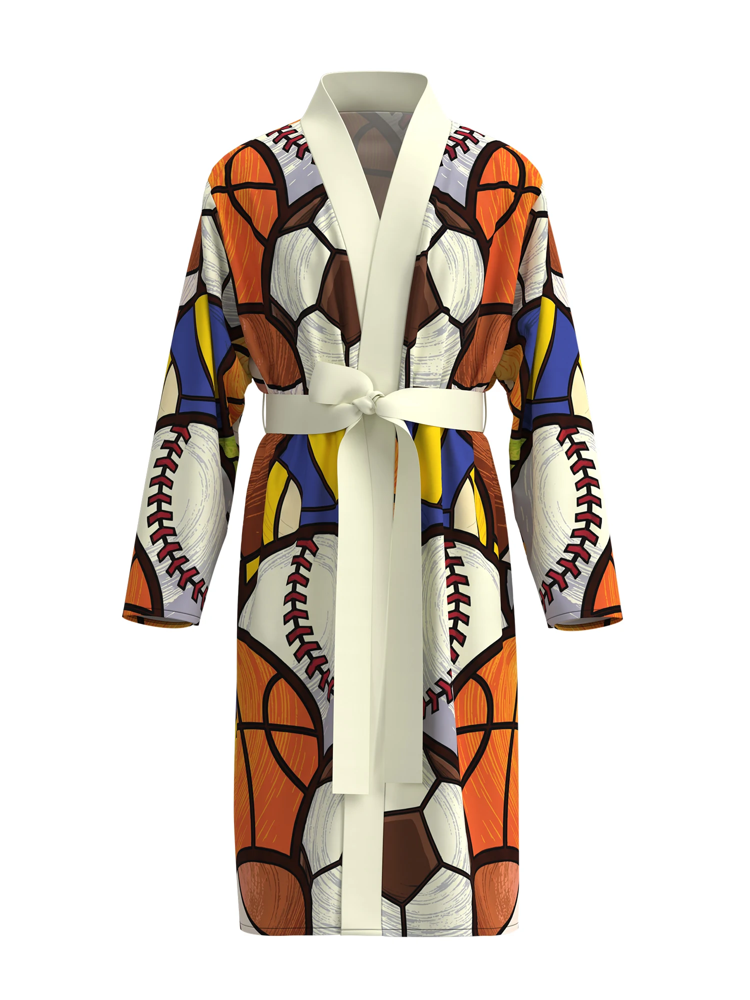 

Men's multi-ball sports printed kimono bathrobe, fun sports pattern long-sleeved home clothes, casual nightgown
