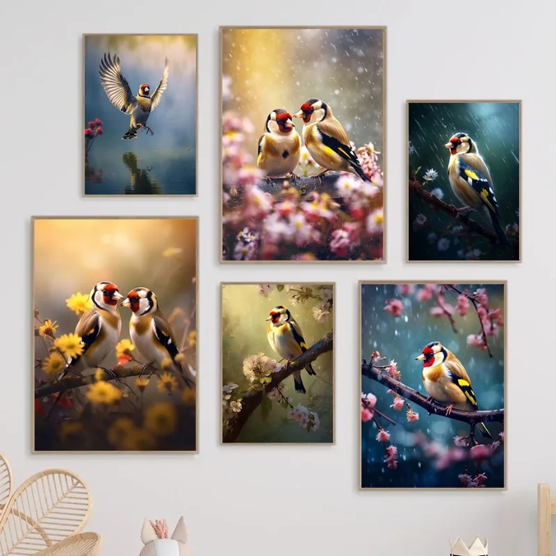 Beautiful Animal Goldfinch Bird Couple with Flower Posters Prints Canvas Painting Wall Art Picture for Living Room Home Decor