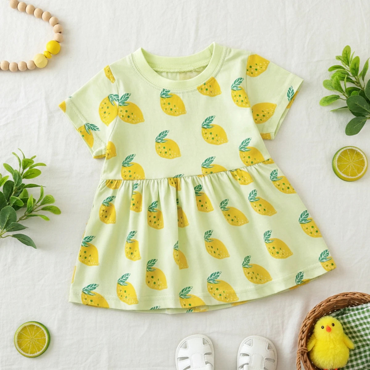 

Lemon Printing Beach Dress Kids Adorable baby Girls Cotton Dress Fashion