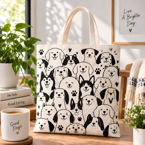 Kawaii Sketch Puppy Canvas Tote Bag Various Dog Breeds Full‑print Shopping Bag Reusable Casual Large Shoulder Handbag For Girls