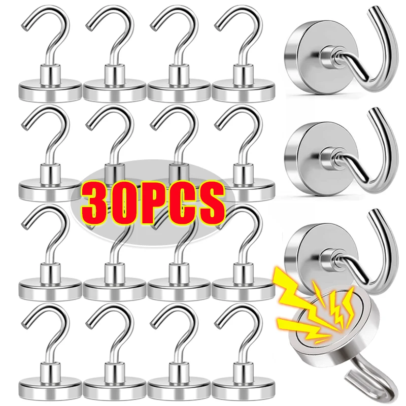 30/1PC Wall-mounted Strong Magnetic Hooks Metal Heavy Duty Magnet Hook For Kitchen Bathroom Storage Key Coat Cups Hanging Hanger