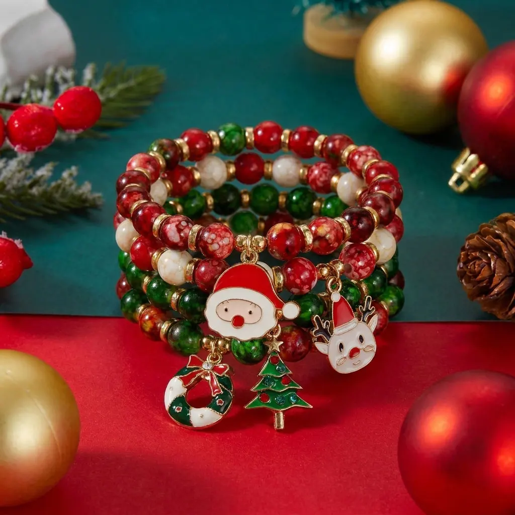 Weihnachtliches Mehrschichtiges Armband-Set mit Bunten Acrylperlen für Frauen, Niedliche Weihnachtsmann- und Schneemann-Anhänger, Weihnachtsparty-Schmuck – Detail 6