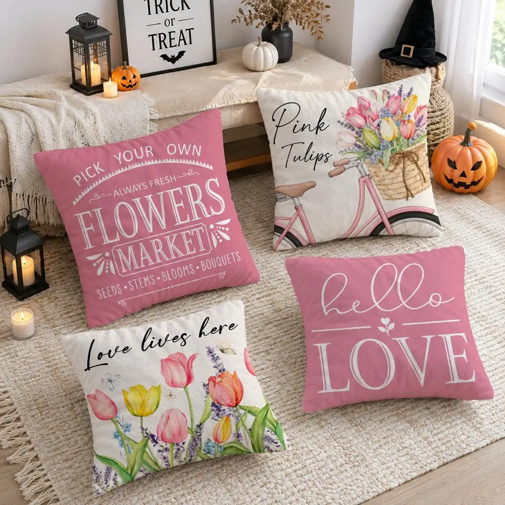 Pink Tulip Bicycle Cushion Cover Soft Short Plush Double-Sided Printing Home Decor Machine Washable Pillow Case Gift