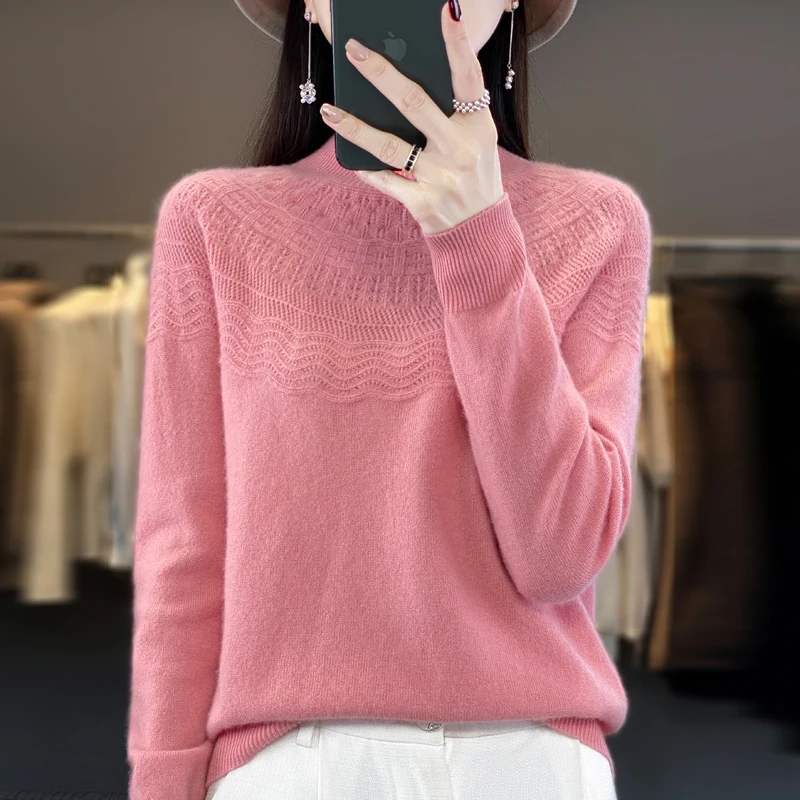 A line of ready-to-wear semi-turtleneck cardigan women's pullover sweater hollowed out rose fashion loose sheep knit bottom