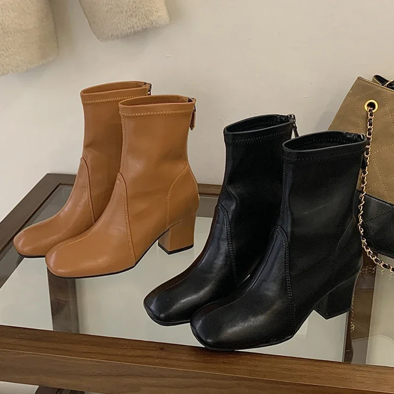 

Aneikeh Fashion Retro Style Soft PU Leather Women Ankle Boots Concise Zipper Round Toe Square Heels Spring Autumn Shoes