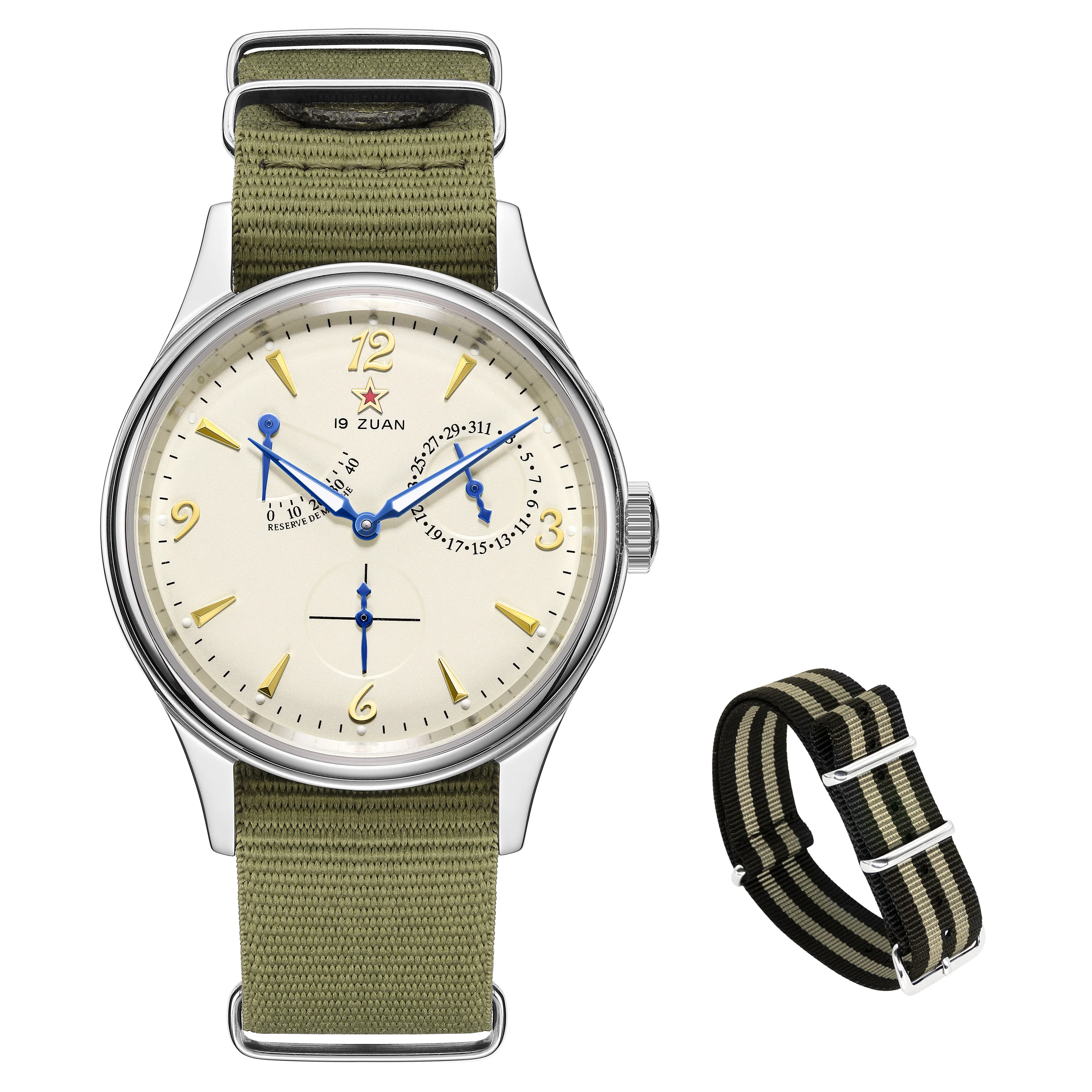 Seagull ST1780 Movement 40mm Automatic Mechanical Wristwatch Mens 1963 Pilot Watch Luminous Calendar Sapphire Canvas Strap Set