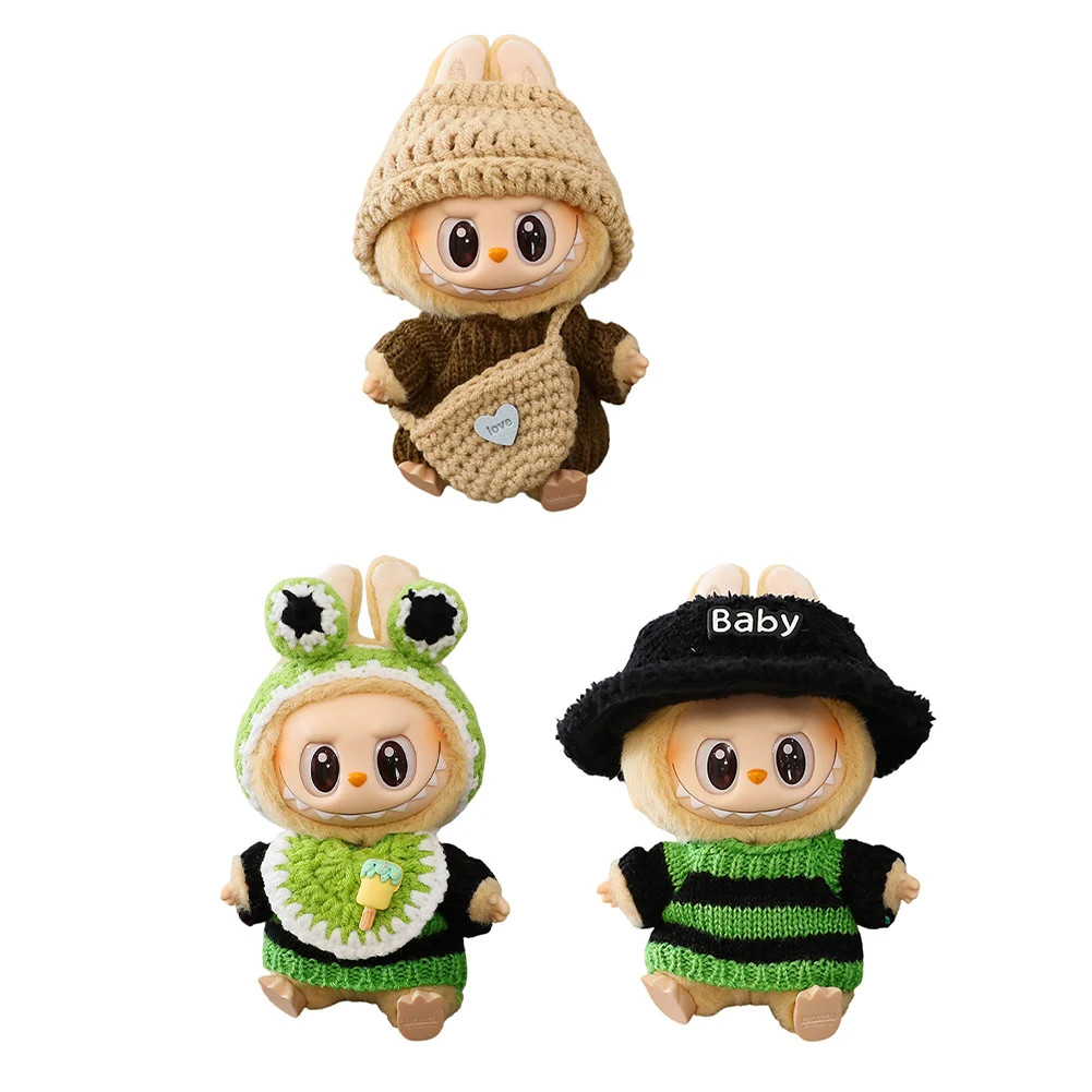 Dla Labubu Vinyl Doll Clothes Mini Kawaii Knitted Sweater with Hat Decorative Cute Plushes Doll Outfit Akcesoria (bez lalki)