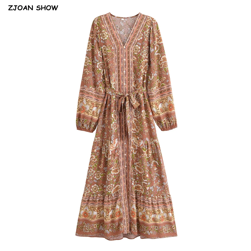 2024 Brown Flower Print Women BOHO Dress Tie Bow Sashes Single-breasted Button Full Sleeve Maxi long Swing Robe Holiday Beach