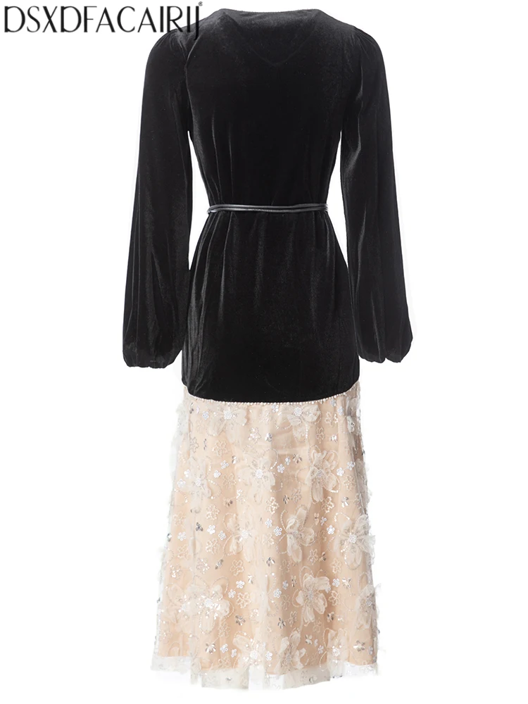 DSXDFACAIRIJ Damen-Kleid mit Perlenstickerei, V-Ausschnitt, Laternenärmel, Pailletten, Applikationen, Schnürung, Vintage, gespleißt, Samtkleid, modisch, Herbst, weiblich