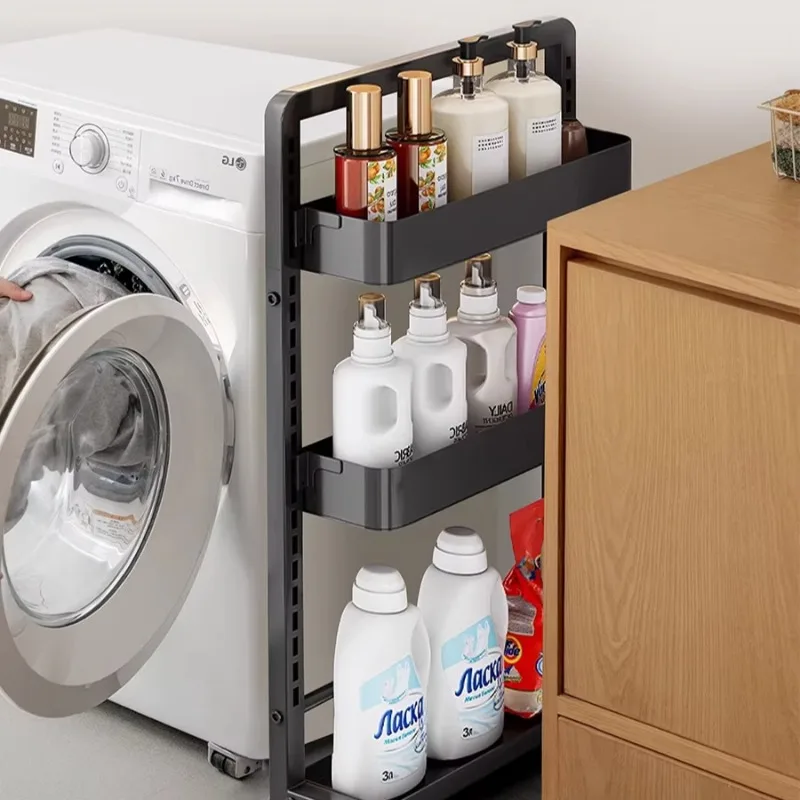 Narrow Gap Storage Rack, Floor Standing Bathroom Organizer, Slim Space-Saving Tower for Laundry Detergent Bottles & Side Gap