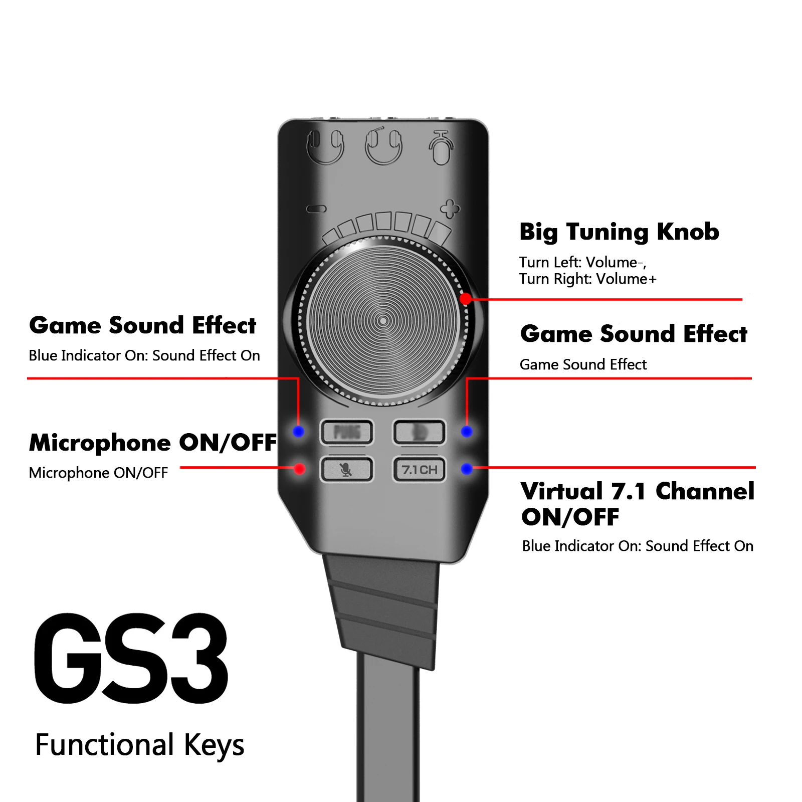 GS3 USB2.0 External Sound Card Virtual 7.1 Channel Sound Card Adapter Plug and Play w/ Headphone Microphone Jacks Volume Control