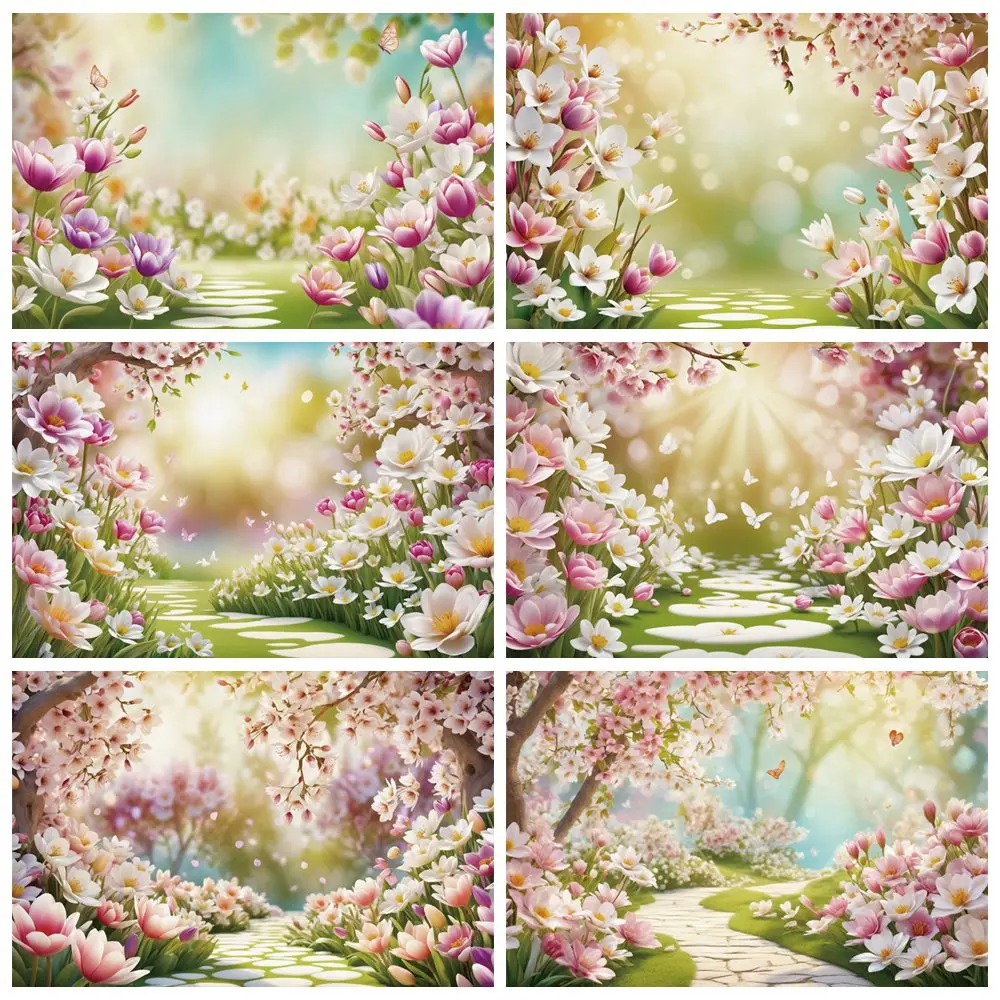 

MOON.QG Spring Flowers Photography Backdrop Forest Pathway Baby Shower Party Photocall Background Home Decoration Photo Props