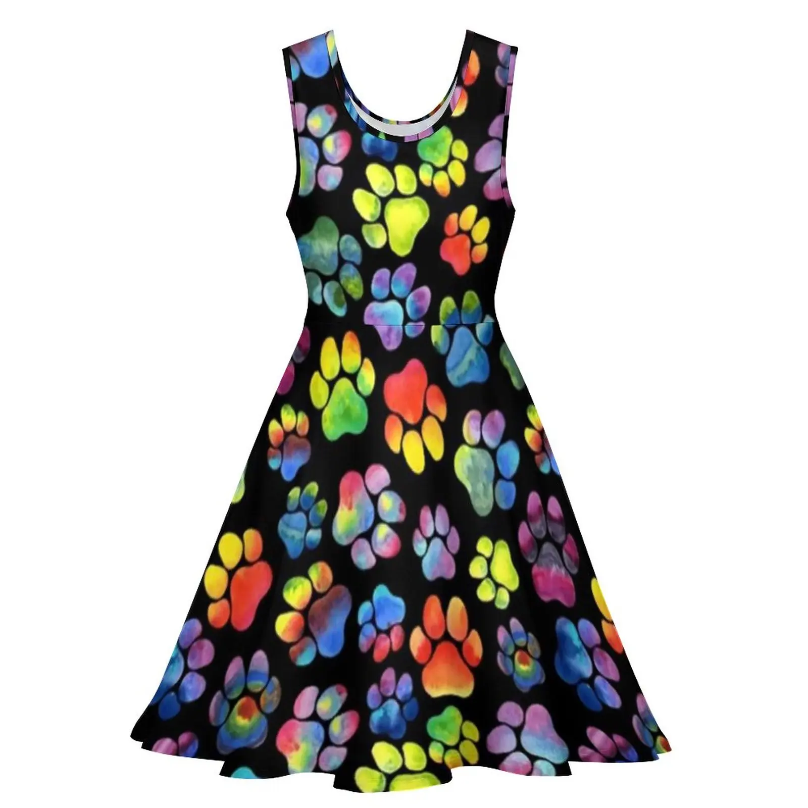 Kitty Dog Pow Dress Rainbow Paw Prints Watercolor Sexy Dresses High Waist Aesthetic Custom Skate Dress Summer Oversize Vestido