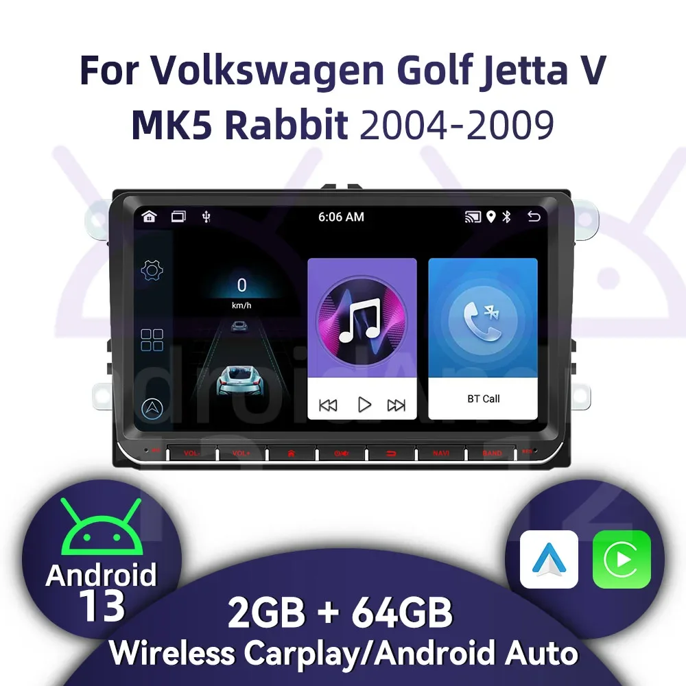 Radio Multimedia para Auto para VW Volkswagen Golf Jetta 5 V MK5 Rabbit 2004-2009, Estéreo 2Din de 9 Pulgadas, Carplay Inalámbrico, Unidad Principal Android con GPS