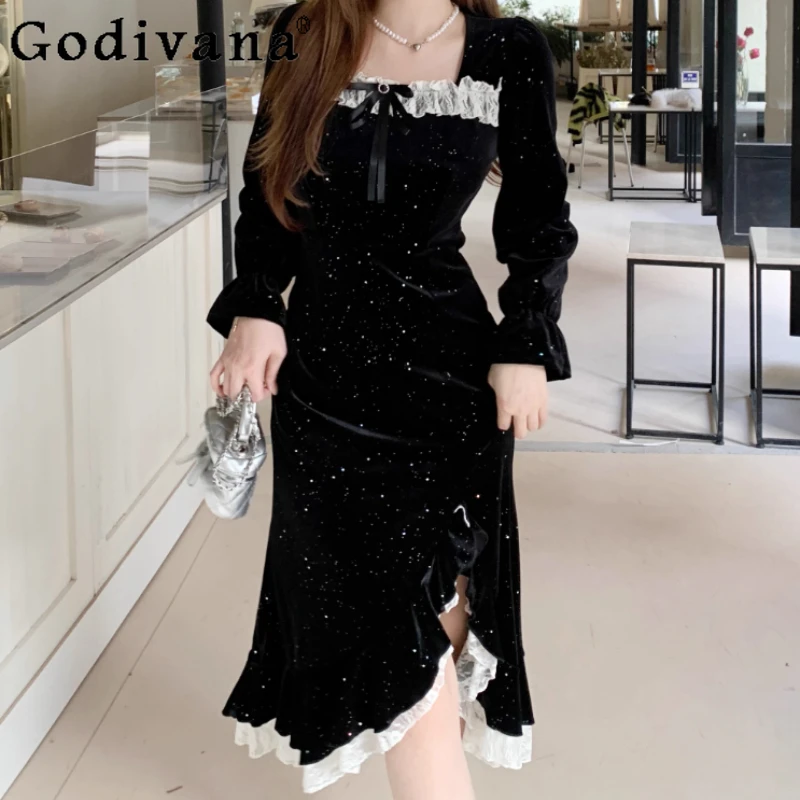 

Осень-зима, французское элегантное черное бархатное платье больших размеров с нерегулярным разрезом, милые кружевные темпераментные вечерние платья с квадратным вырезом для девочек