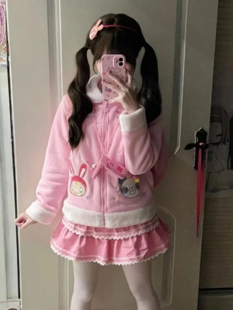 

Japanese Kawaii Cartoon Embroidery Pink Coat Women Fur Patchwork Cute Jacket Autumn Y2k Aesthetic Girls Zipper ​Loose Outwear