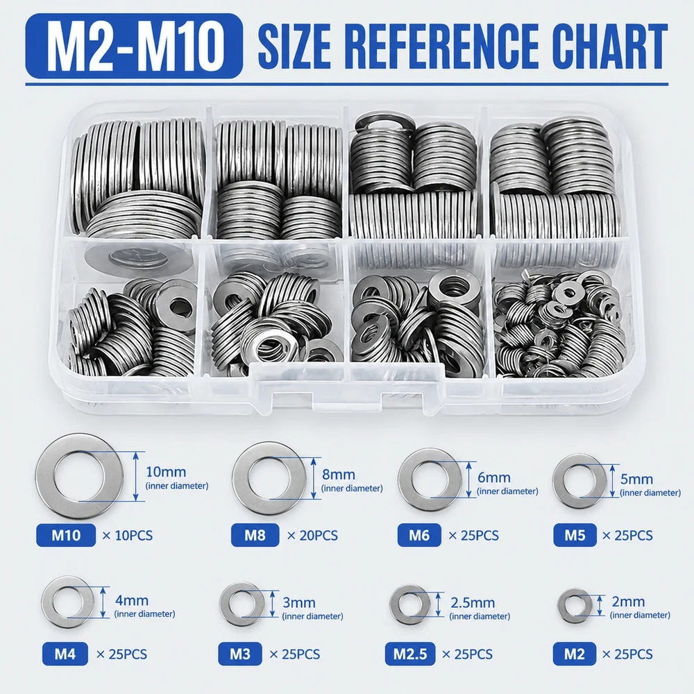 304 Stainless Steel Washer Assortment 180 Pieces M2-M10 Polished Surface Long Lasting Hardware for Shop and Garage Use