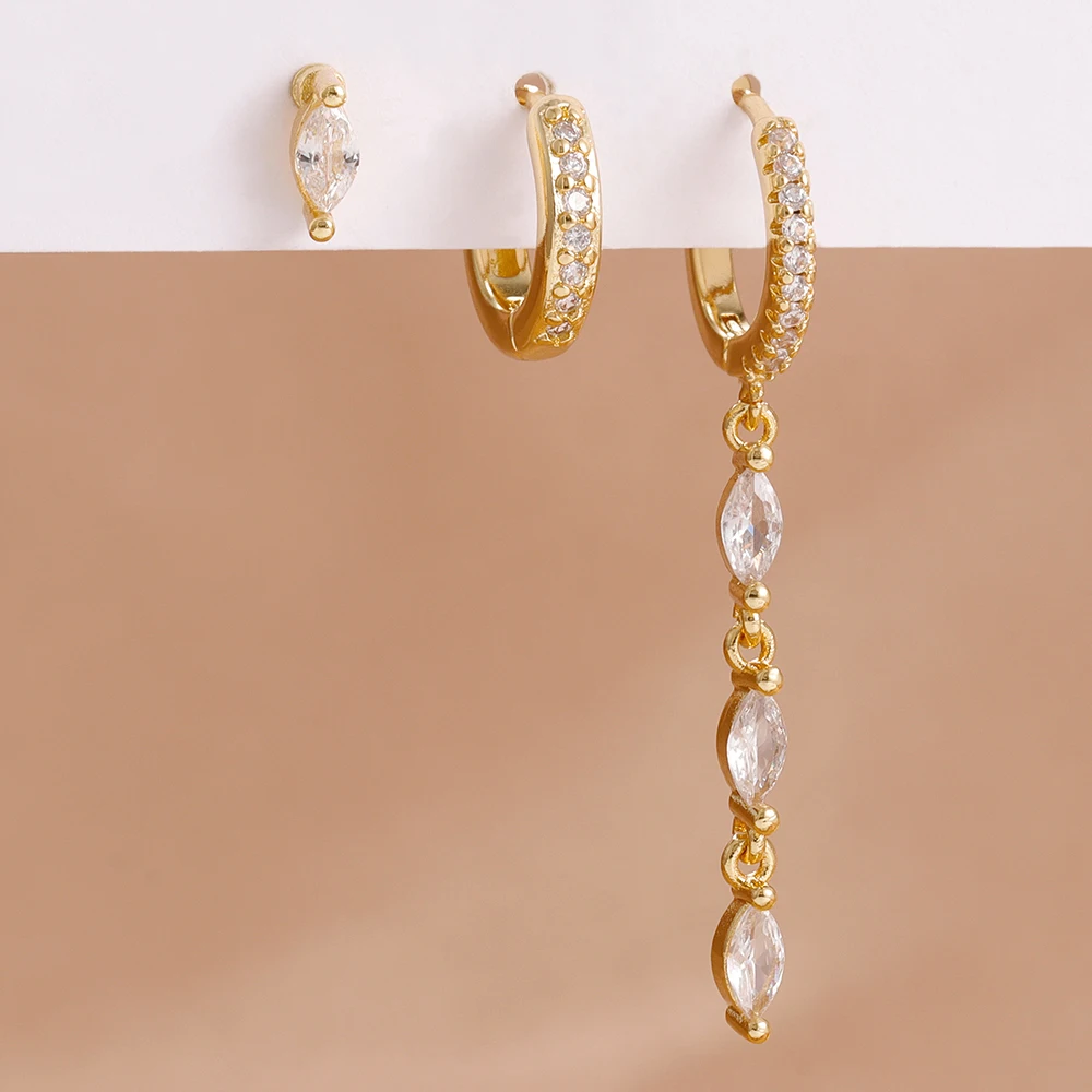 3 قطعة خمر الفولاذ المقاوم للصدأ شرابة هندسية قلادة طقم من الحلقان للنساء مطلية بالذهب الزركون الغضروف ثقب الأذن مجوهرات #3