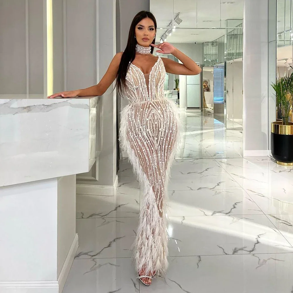 SERENE HILL Customized White Nude Mermaid Spaghetti Strap Beaded Feathers Evening Dress Gown 2025 Women Wedding Party  CLA72047