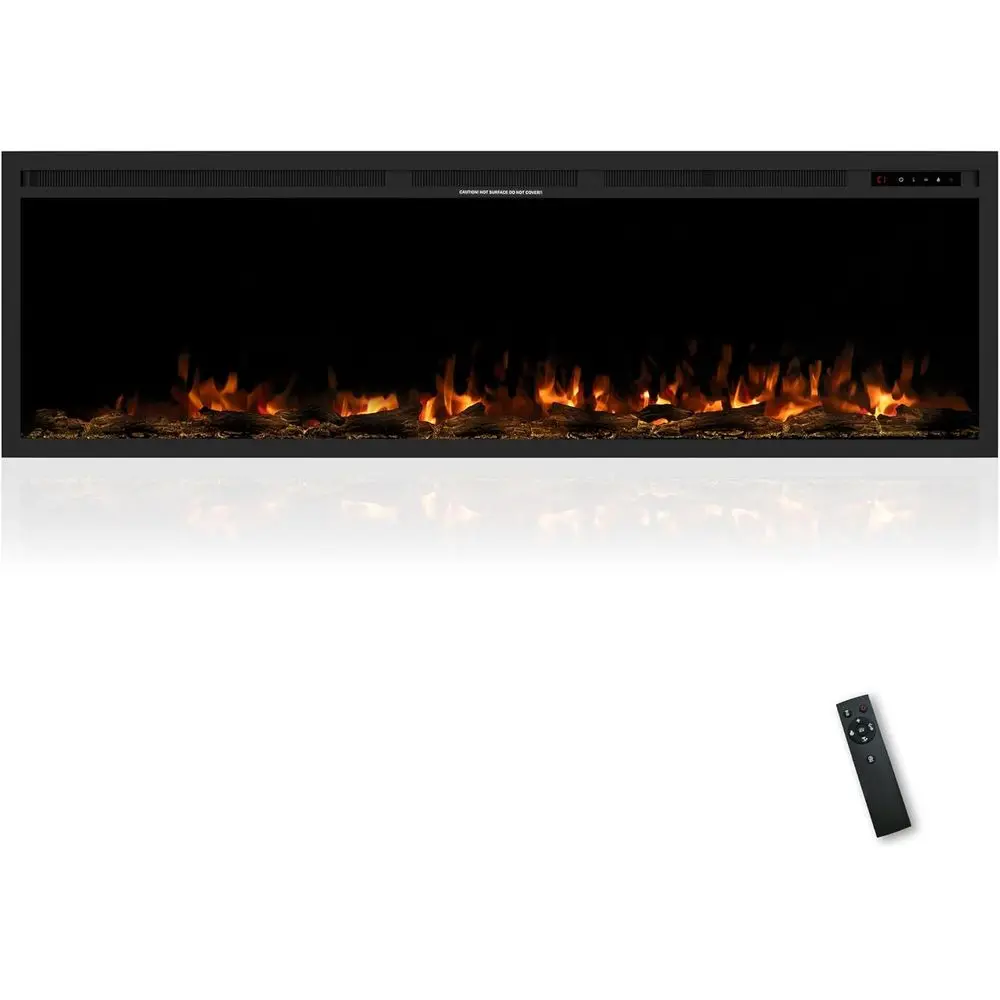 

Настенный электрический камин 60 тонких, пульт дистанционного управления и управление через приложение, 12-цветное пламя, карбоновая кровать, таймер, 1500 Вт, черный