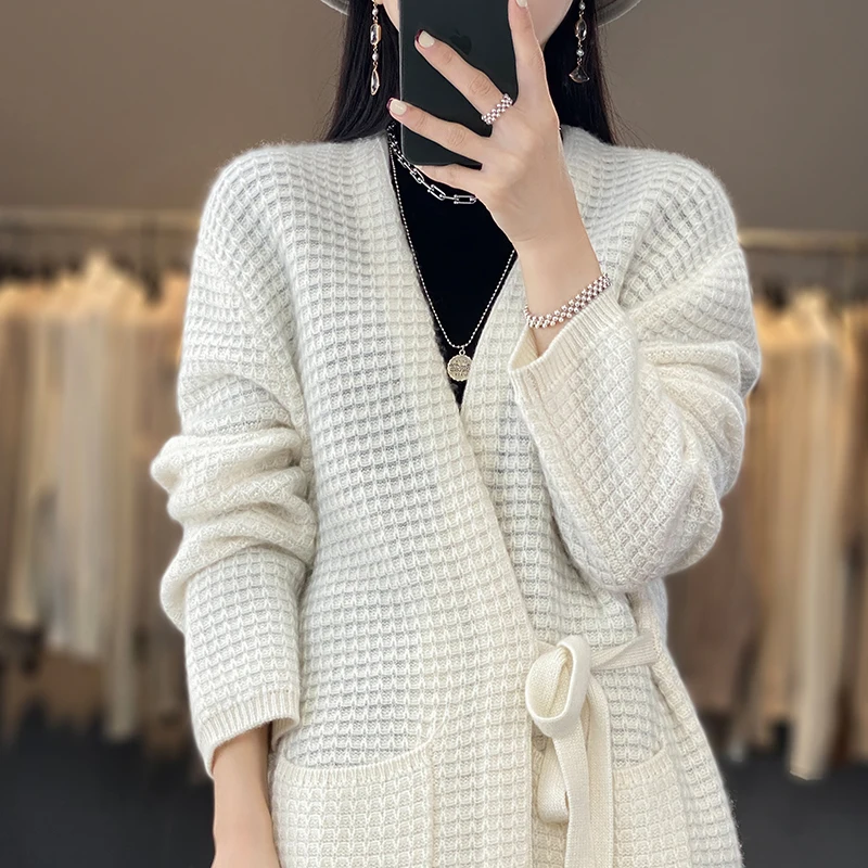 

New Women's Cardigan 100% Pure Wool Women's Loose V-Neck Coat Belt Long Sleeve Soft Outwear Solid Casual Women's Top