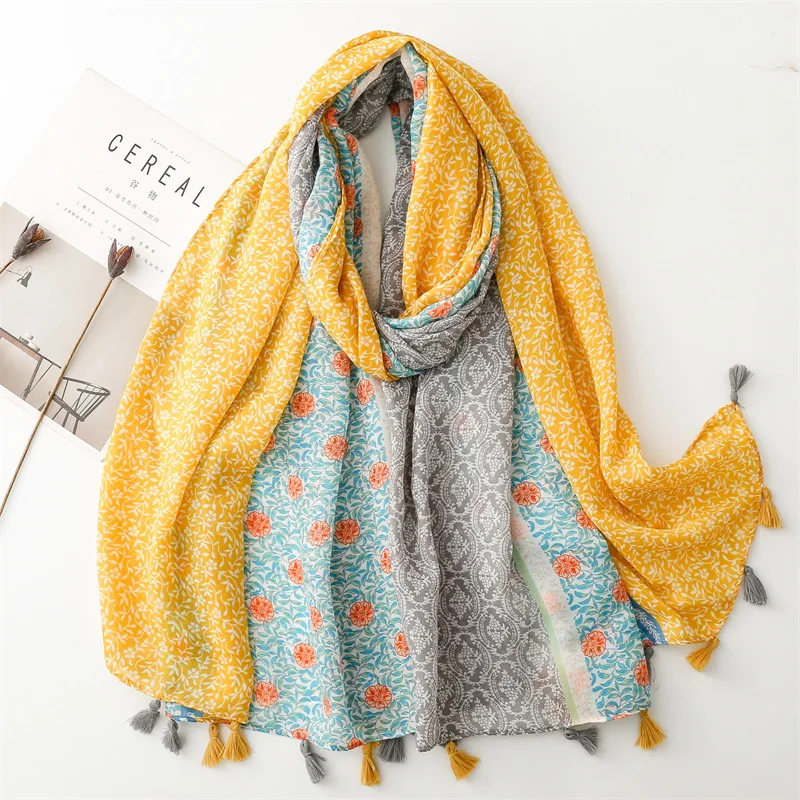 New Spain Fashion Patchwork Polka Floral Viscose Shawl Scarf Lady High Quality Wrap Pashmina Stole Bufanda Muslim Hijab 180*90Cm