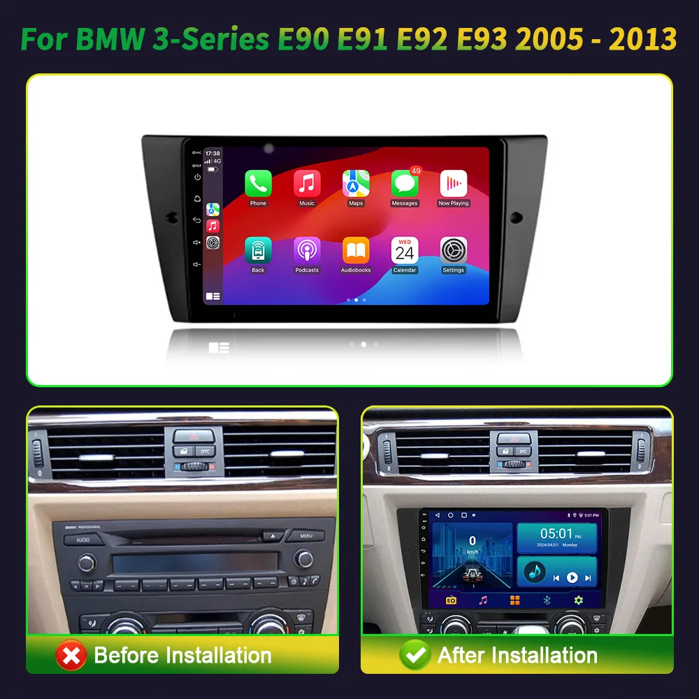 Reproductor Multimedia con pantalla táctil para coche, Radio Estéreo inalámbrica con Android, Apple Carplay, para BMW Serie 3, E90, E91E92, E93, años 2005 a 2013