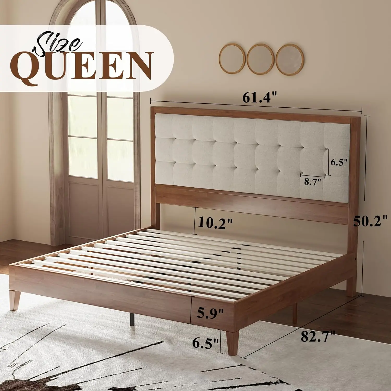 Wood Platform Bed Frame Queen Size Upholstered Tufted Headboard/Solid Wood Be No Box Spring Needed,Walnut