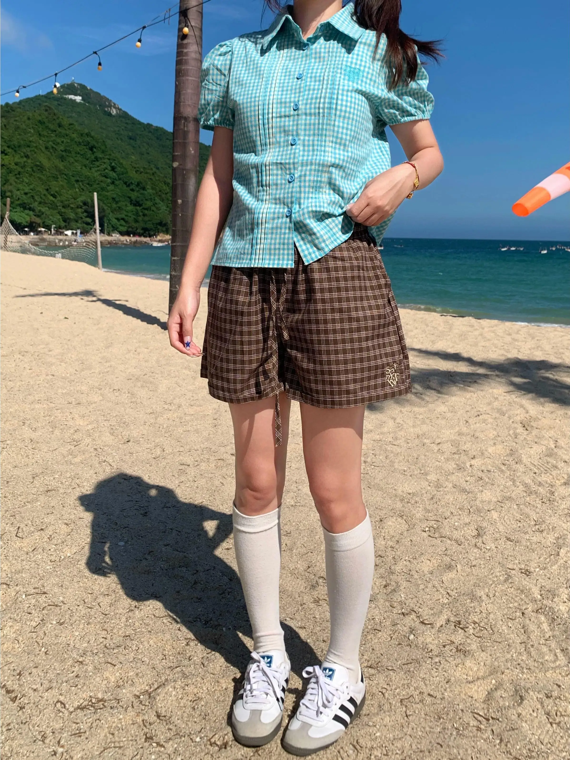 American Style Retro Plaid Drawstring Three-quarter Length Pants Women's Summer New Trend Loose Slimming Casual Straight Leg ...